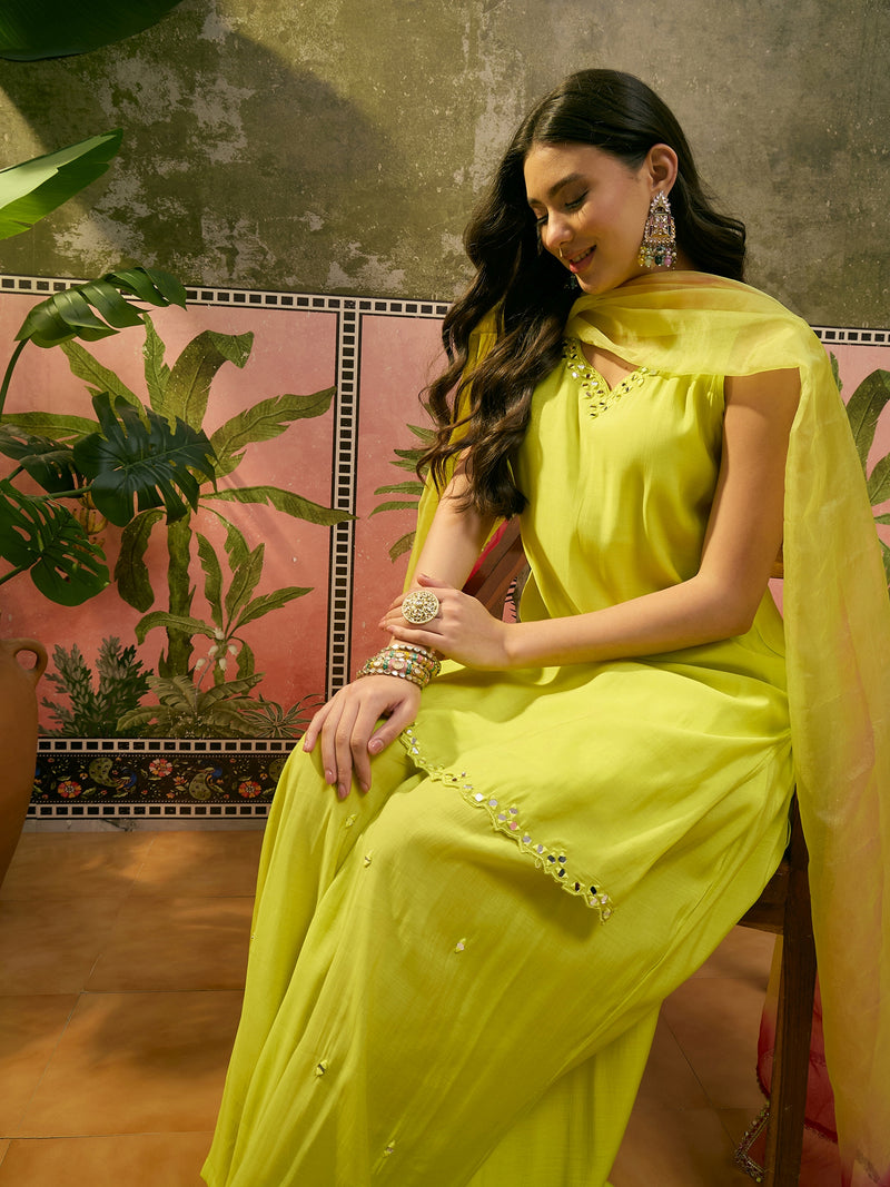 Floral Embroidered Sleevless Kurta With Sharara & Dupatta Kurta Set