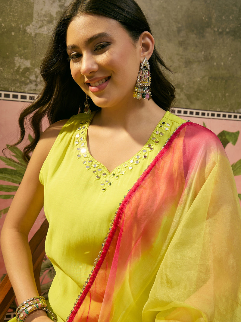 Floral Embroidered Sleevless Kurta With Sharara & Dupatta Kurta Set
