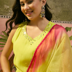 Floral Embroidered Sleevless Kurta With Sharara & Dupatta Kurta Set