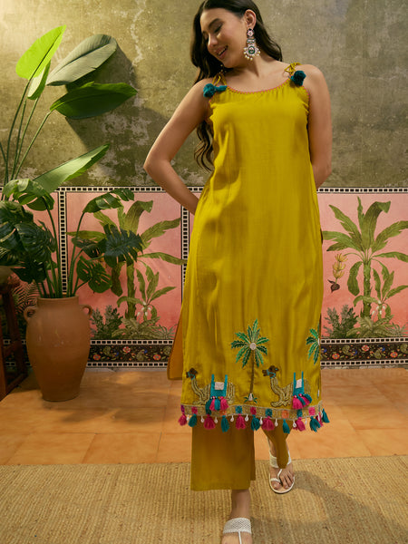 Mustard Embroidered Sholder Straps Straight Kurta With Trouser & Dupatta Kurta Set