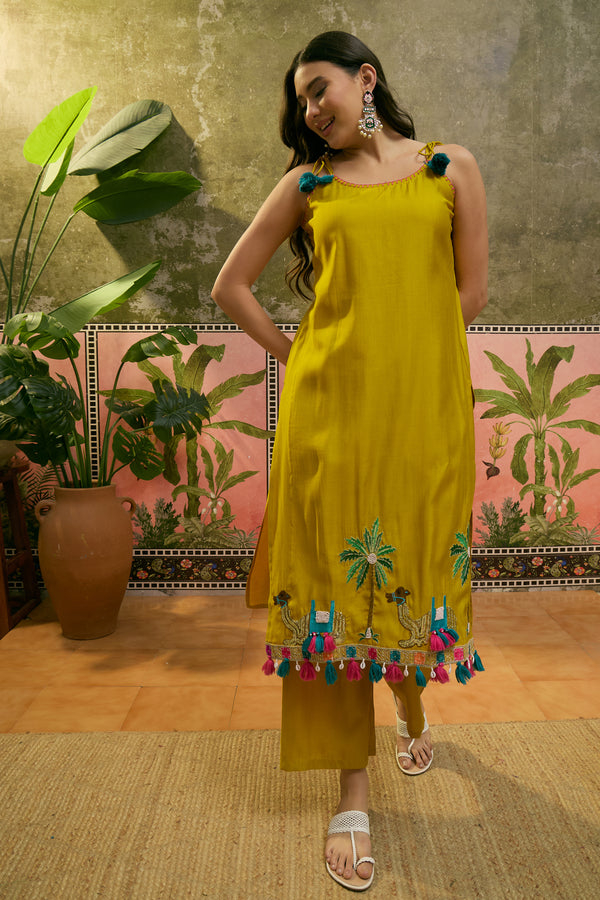 Mustard Embroidered Sholder Straps Straight Kurta With Trouser & Dupatta Kurta Set