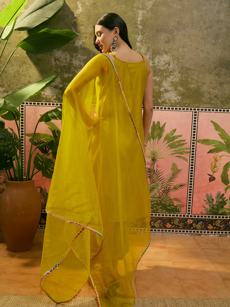 Mustard Embroidered Sholder Straps Straight Kurta With Trouser & Dupatta Kurta Set