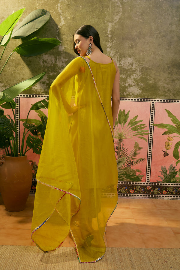 Mustard Embroidered Sholder Straps Straight Kurta With Trouser & Dupatta Kurta Set
