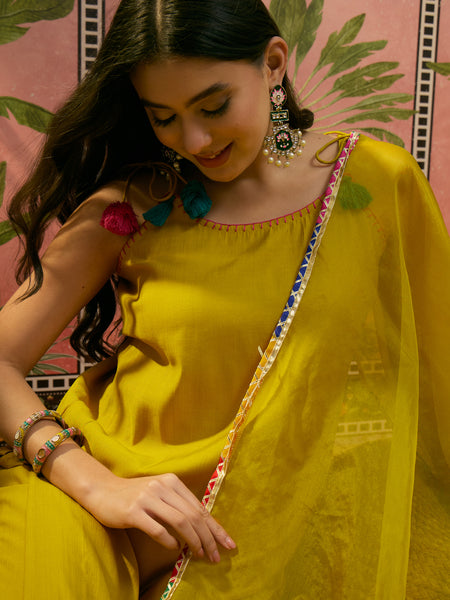 Mustard Embroidered Sholder Straps Straight Kurta With Trouser & Dupatta Kurta Set