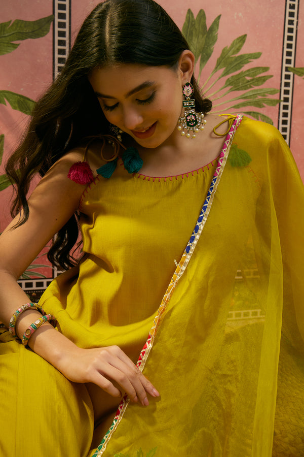 Mustard Embroidered Sholder Straps Straight Kurta With Trouser & Dupatta Kurta Set