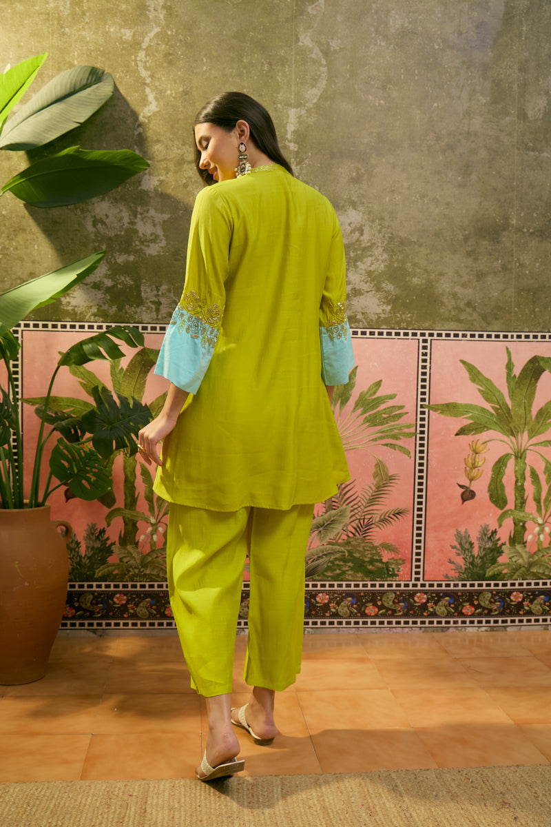 Floral Embroidered A-Line Tunic With Trouser Co-Ords Set