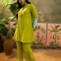 Floral Embroidered A-Line Tunic With Trouser Co-Ords Set