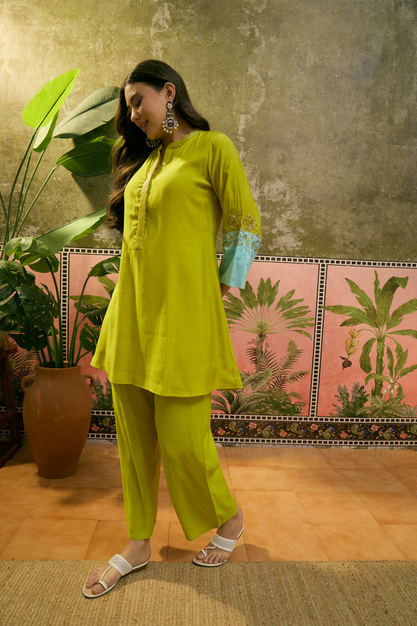 Floral Embroidered A-Line Tunic With Trouser Co-Ords Set