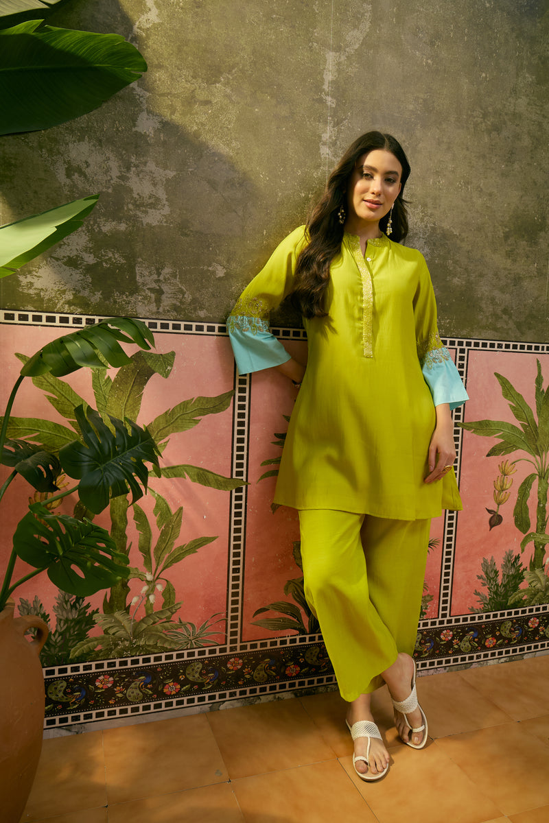 Floral Embroidered A-Line Tunic With Trouser Co-Ords Set