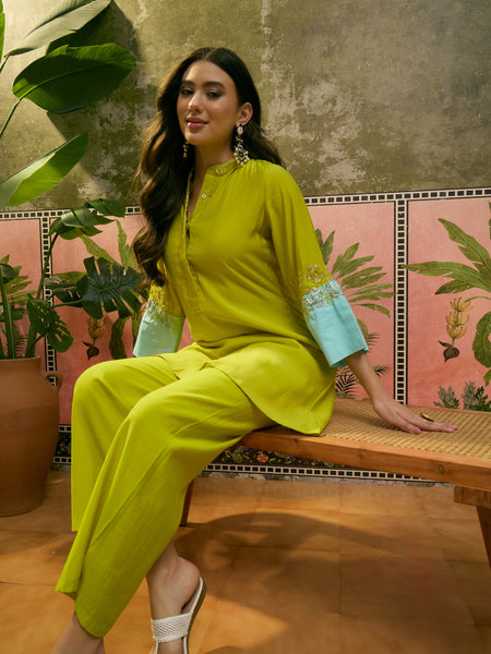 Floral Embroidered A-Line Tunic With Trouser Co-Ords Set