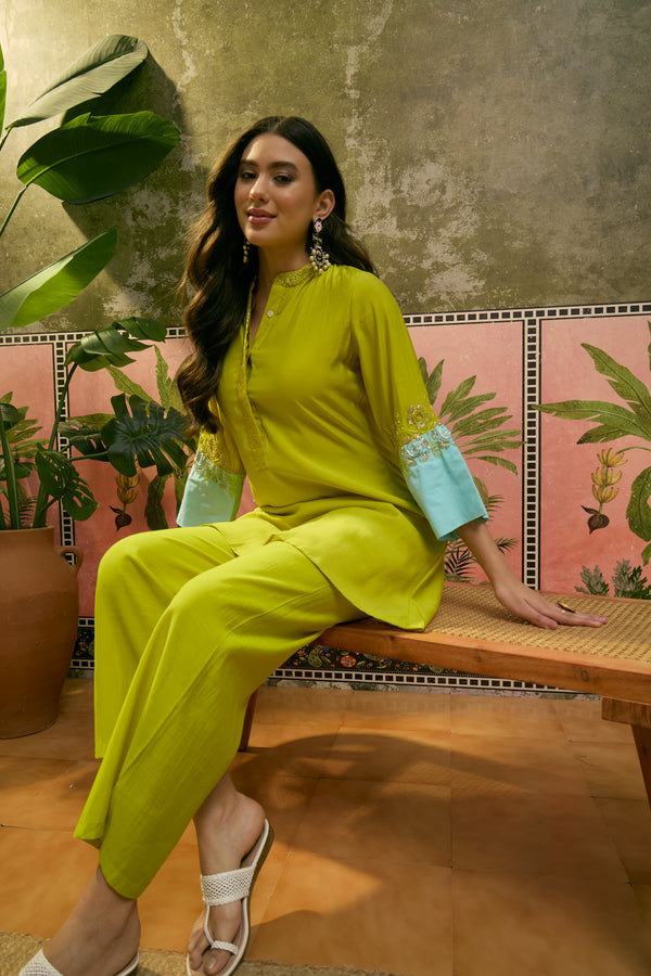 Floral Embroidered A-Line Tunic With Trouser Co-Ords Set