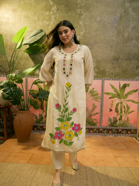 Floral Embroidered Straight Kurta With Trouser & Dupatta Kurta Set