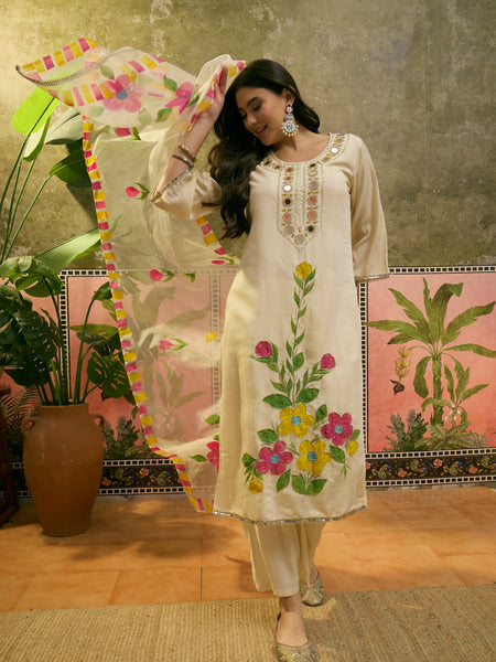 Floral Embroidered Straight Kurta With Trouser & Dupatta Kurta Set