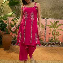 Floral Embroidered & Mirror Work Shoulder Strap Kurta With Trouser & Dupatta Kurta Set