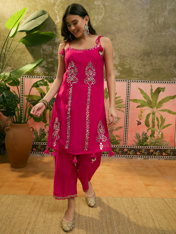 Floral Embroidered & Mirror Work Shoulder Strap Kurta With Trouser & Dupatta Kurta Set