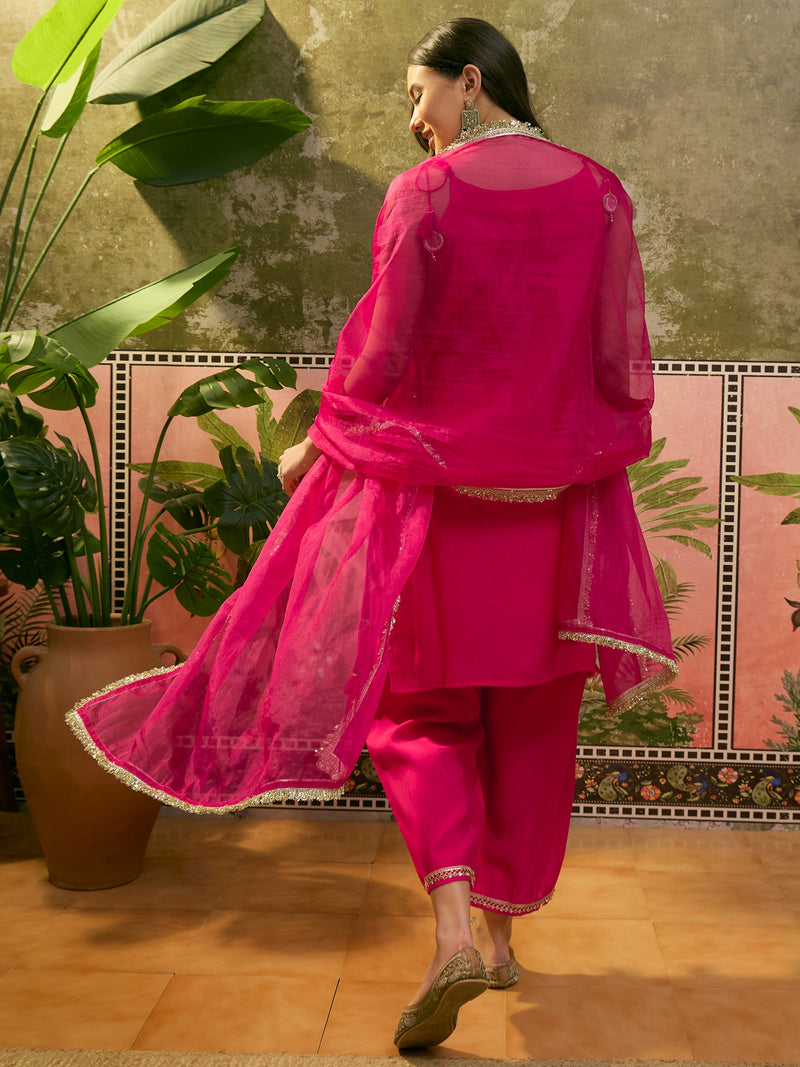 Floral Embroidered & Mirror Work Shoulder Strap Kurta With Trouser & Dupatta Kurta Set
