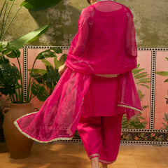 Floral Embroidered & Mirror Work Shoulder Strap Kurta With Trouser & Dupatta Kurta Set