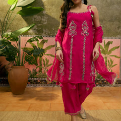 Floral Embroidered & Mirror Work Shoulder Strap Kurta With Trouser & Dupatta Kurta Set