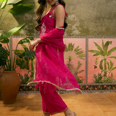 Floral Embroidered & Mirror Work Shoulder Strap Kurta With Trouser & Dupatta Kurta Set