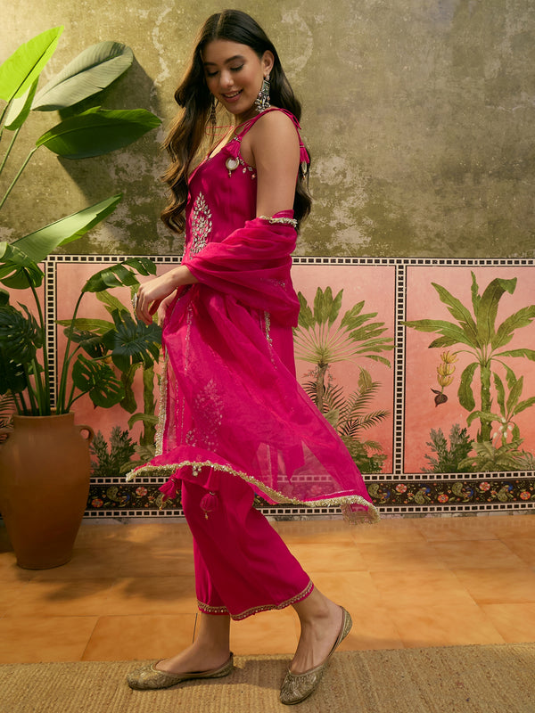 Floral Embroidered & Mirror Work Shoulder Strap Kurta With Trouser & Dupatta Kurta Set