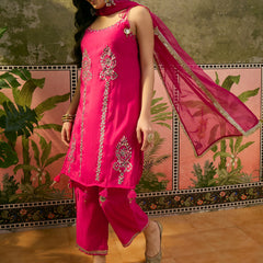 Floral Embroidered & Mirror Work Shoulder Strap Kurta With Trouser & Dupatta Kurta Set