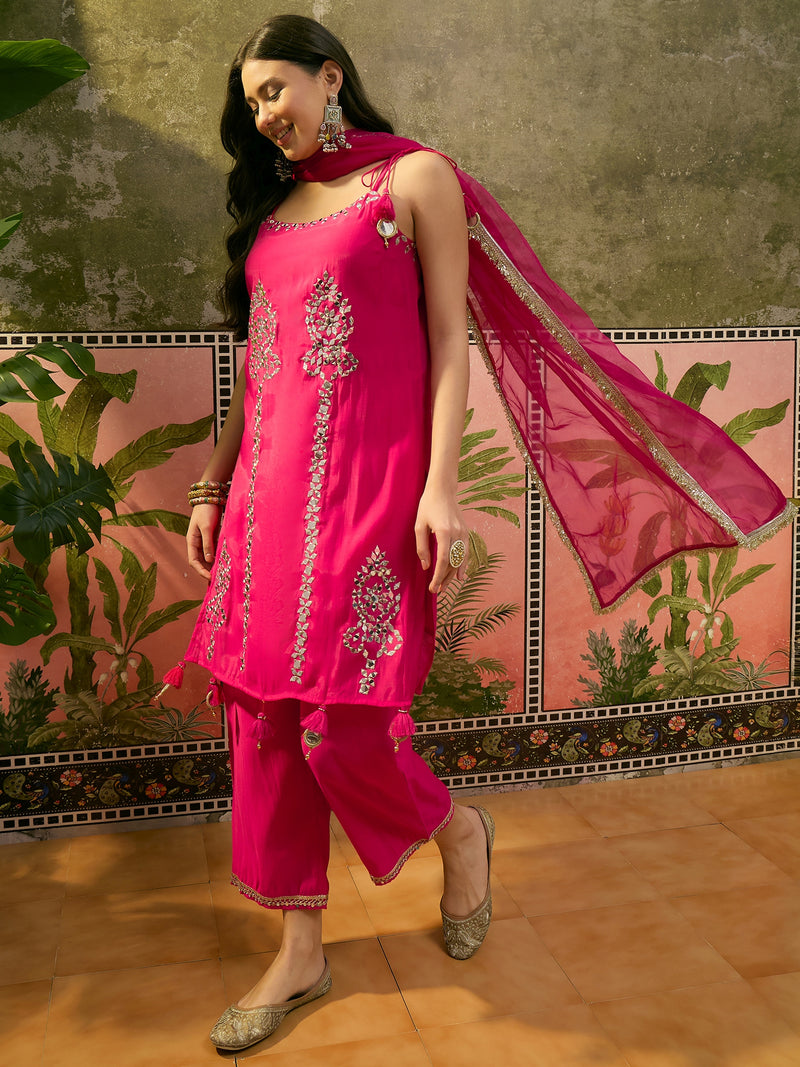 Floral Embroidered & Mirror Work Shoulder Strap Kurta With Trouser & Dupatta Kurta Set