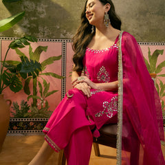 Floral Embroidered & Mirror Work Shoulder Strap Kurta With Trouser & Dupatta Kurta Set