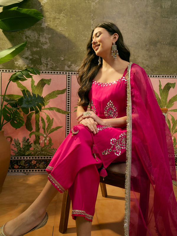 Floral Embroidered & Mirror Work Shoulder Strap Kurta With Trouser & Dupatta Kurta Set