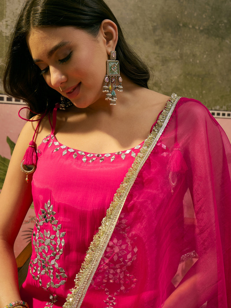 Floral Embroidered & Mirror Work Shoulder Strap Kurta With Trouser & Dupatta Kurta Set