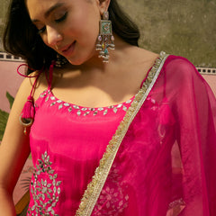 Floral Embroidered & Mirror Work Shoulder Strap Kurta With Trouser & Dupatta Kurta Set