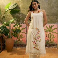 Pure Cotton Embroidered Sholder Straps Straight Kurta With Trouser & Dupatta Kurta Set