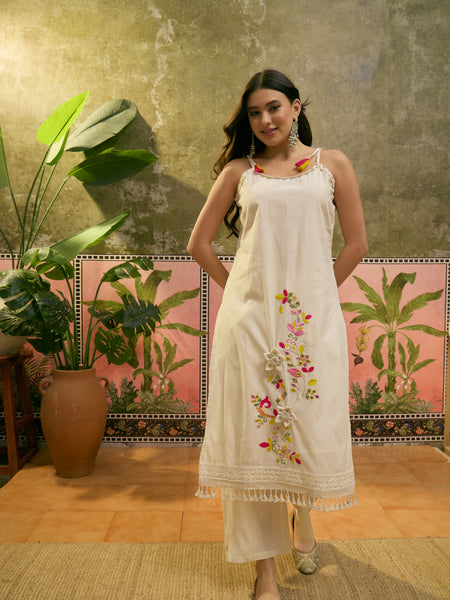 Pure Cotton Embroidered Sholder Straps Straight Kurta With Trouser & Dupatta Kurta Set