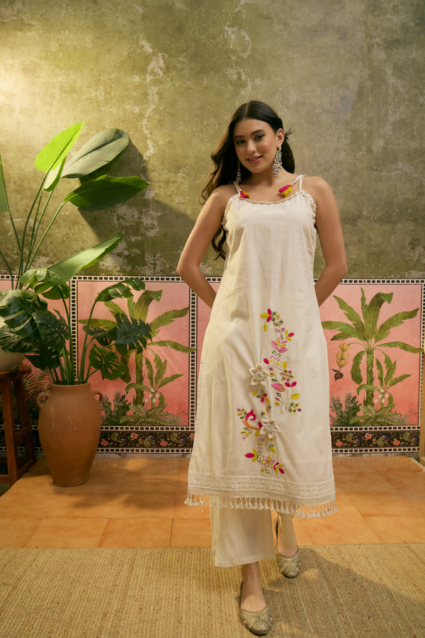 Pure Cotton Embroidered Sholder Straps Straight Kurta With Trouser & Dupatta Kurta Set