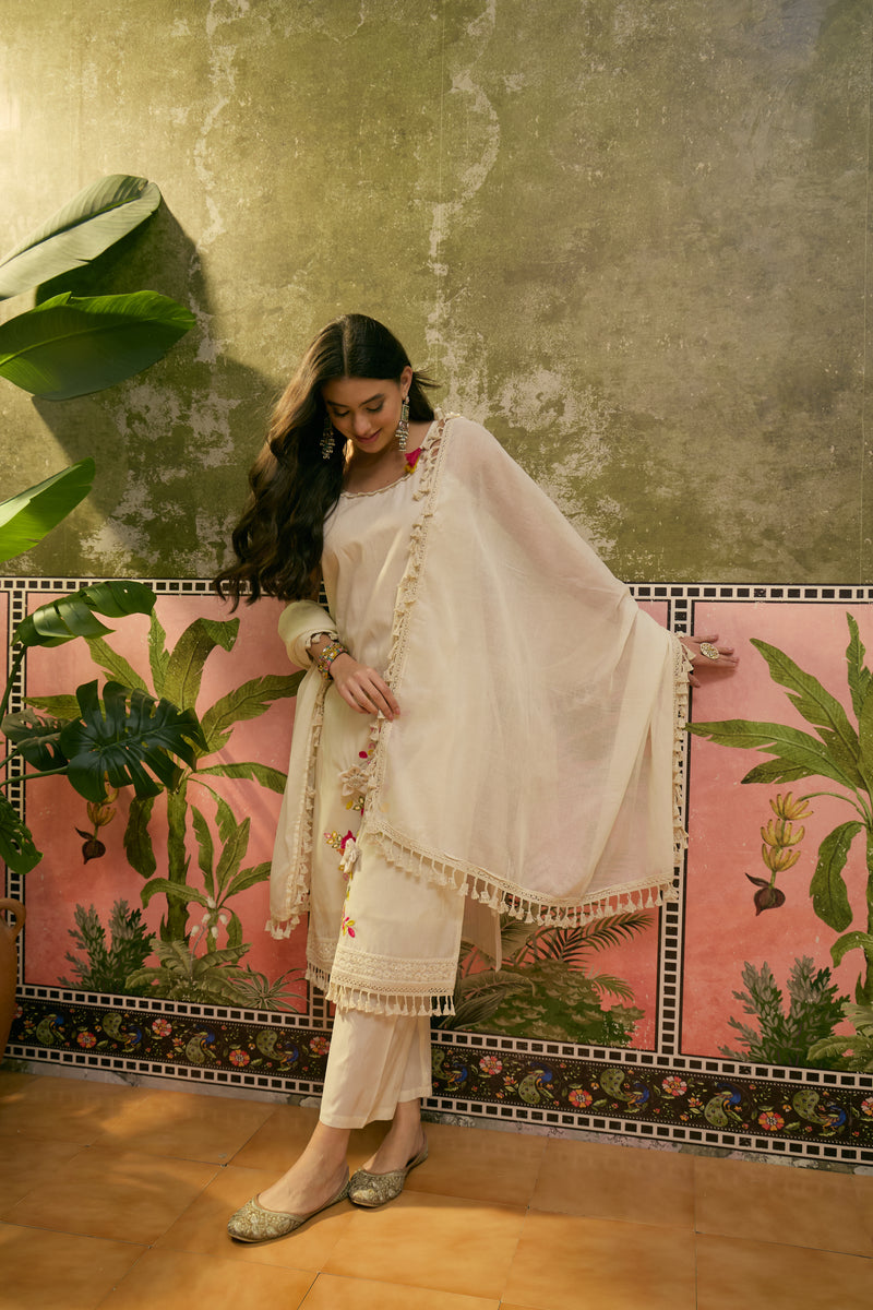 Pure Cotton Embroidered Sholder Straps Straight Kurta With Trouser & Dupatta Kurta Set