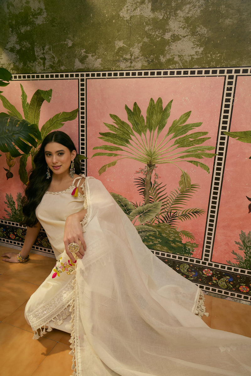 Pure Cotton Embroidered Sholder Straps Straight Kurta With Trouser & Dupatta Kurta Set