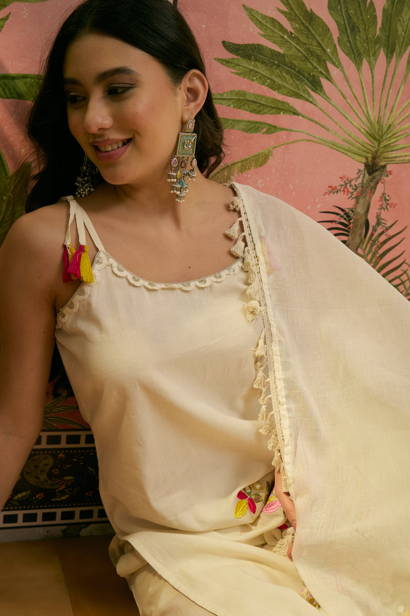 Pure Cotton Embroidered Sholder Straps Straight Kurta With Trouser & Dupatta Kurta Set