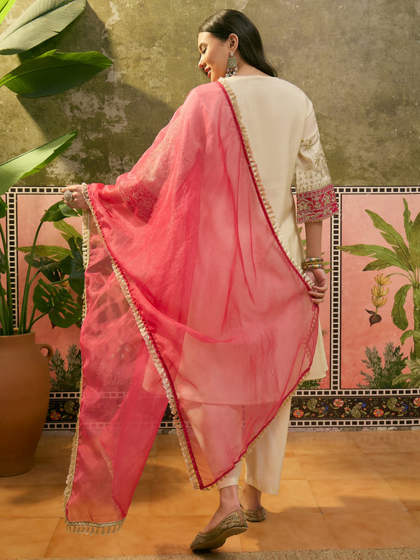 Floral Embroidered Straight Kurta With Trouser & Dupatta Kurta Set