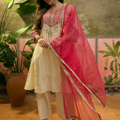Floral Embroidered Straight Kurta With Trouser & Dupatta Kurta Set