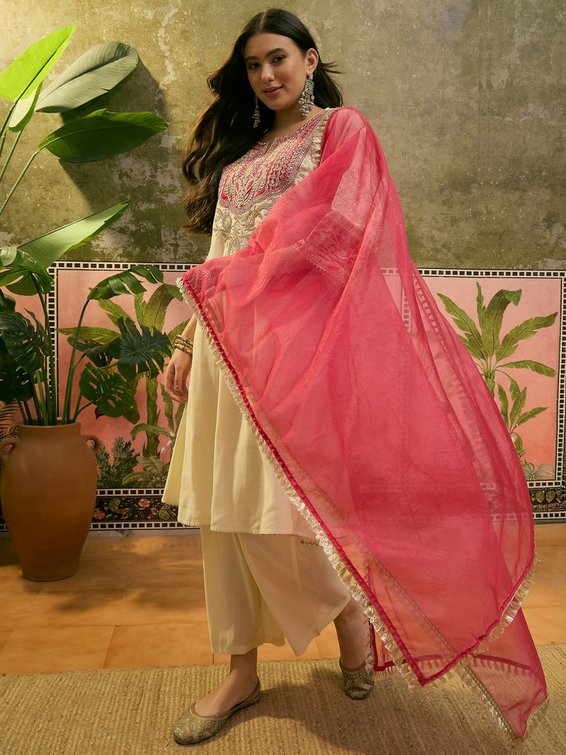 Floral Embroidered Straight Kurta With Trouser & Dupatta Kurta Set