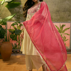 Floral Embroidered Straight Kurta With Trouser & Dupatta Kurta Set