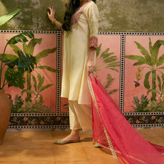 Floral Embroidered Straight Kurta With Trouser & Dupatta Kurta Set