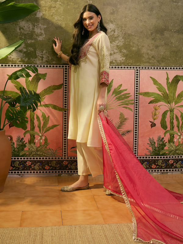Floral Embroidered Straight Kurta With Trouser & Dupatta Kurta Set