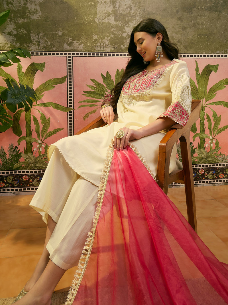 Floral Embroidered Straight Kurta With Trouser & Dupatta Kurta Set