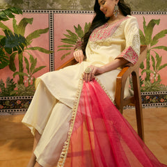 Floral Embroidered Straight Kurta With Trouser & Dupatta Kurta Set