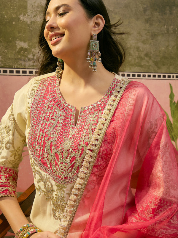 Floral Embroidered Straight Kurta With Trouser & Dupatta Kurta Set