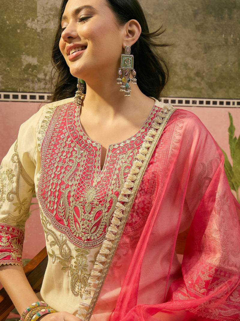 Floral Embroidered Straight Kurta With Trouser & Dupatta Kurta Set