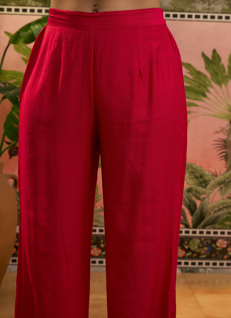 Dark Pink Floral Embroidered Straight Kurta With Trouser & Dupatta Kurta Set