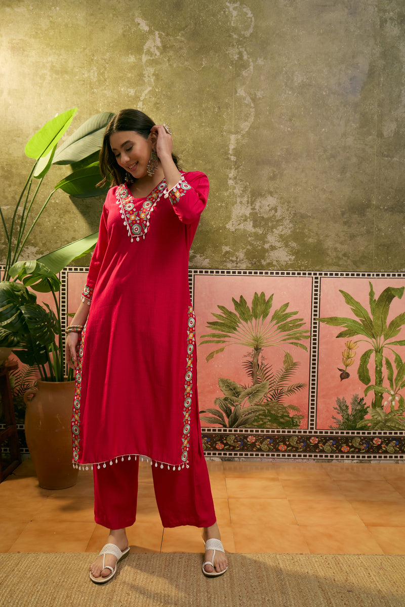 Dark Pink Floral Embroidered Straight Kurta With Trouser & Dupatta Kurta Set