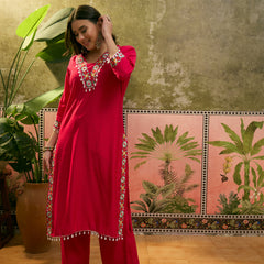 Dark Pink Floral Embroidered Straight Kurta With Trouser & Dupatta Kurta Set