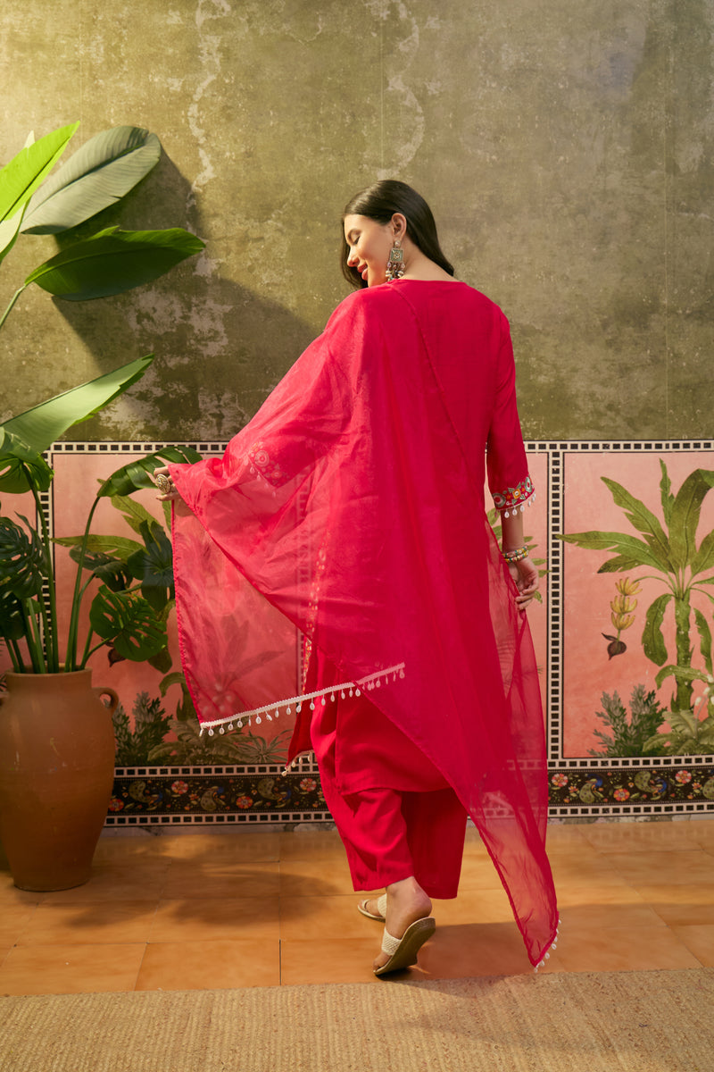 Dark Pink Floral Embroidered Straight Kurta With Trouser & Dupatta Kurta Set